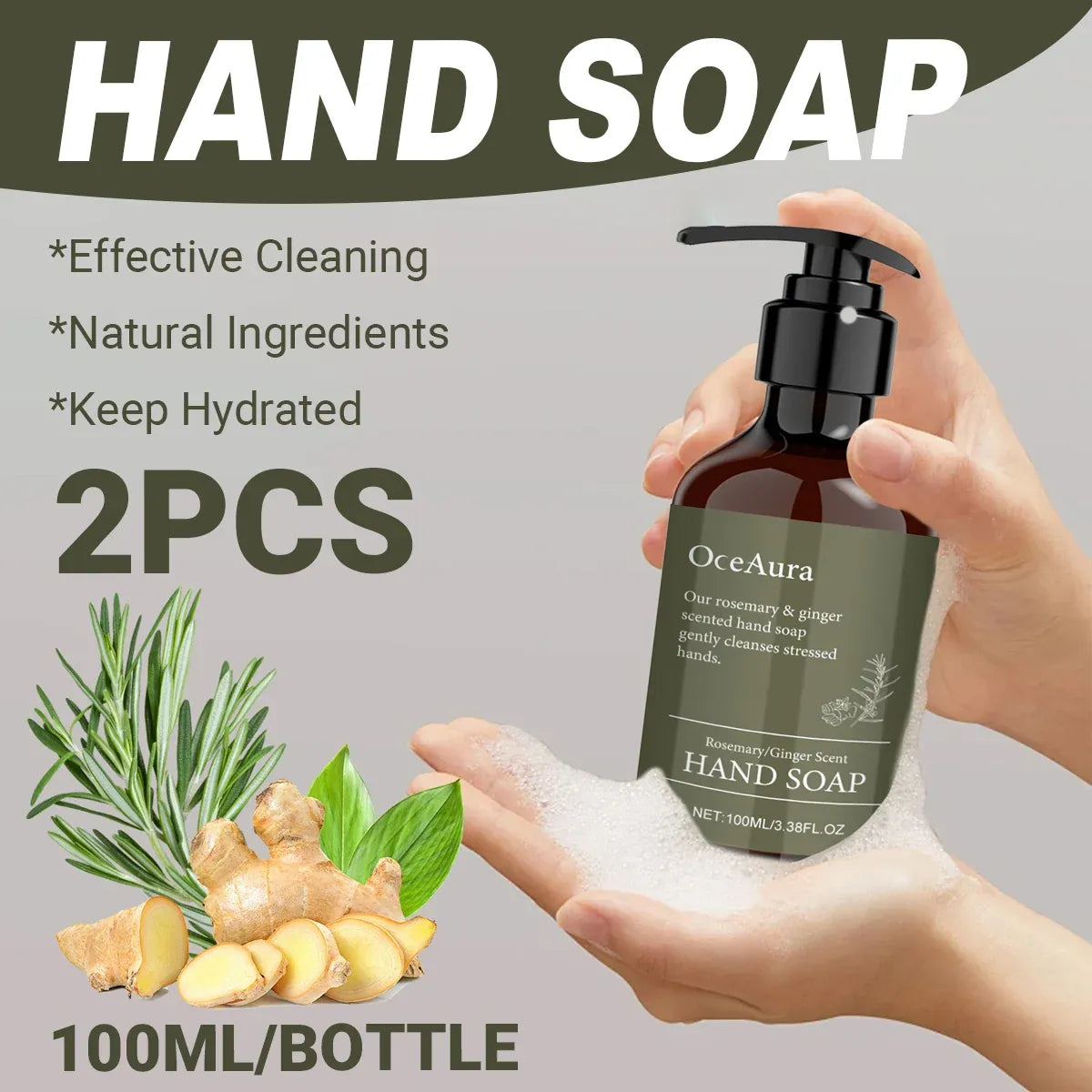 2pcs Rosemary Ginger Hand Sanitizer Easy Rinsing Antibacterial for Hand Hygiene